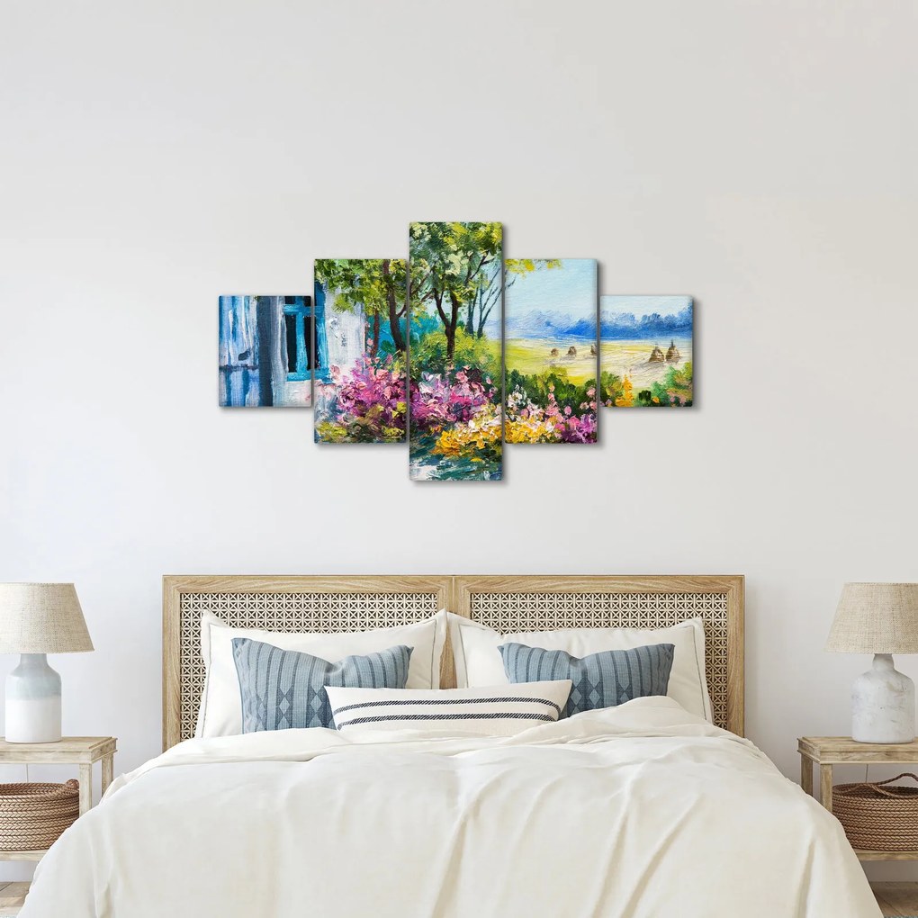 Obraz ogrodu przed domem, obraz olejny (125x70 cm)