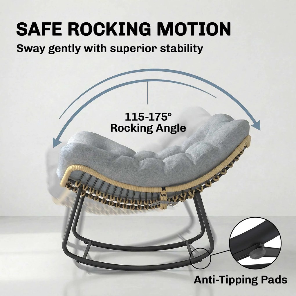 Outsunny Rattanowy Bujany Fotel Ogrodowy z Grubą Poduszką, Krzesło Ogrodowe do 120 kg Indoor Outdoor 87 x 110 x 70 cm Szary | Aosom PL