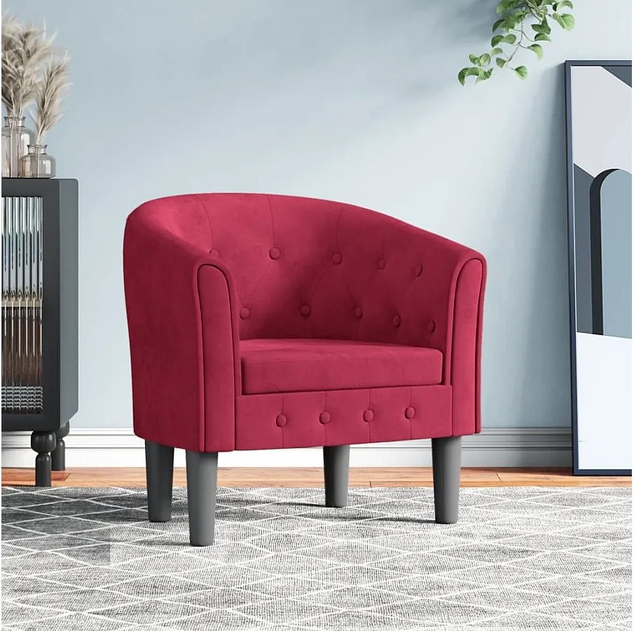 Fotel Kabriolet Czerwony Burgund Wełna Nowoczesny z Wygodnym Siedziskiem z Weluru - Nośność 110 kg