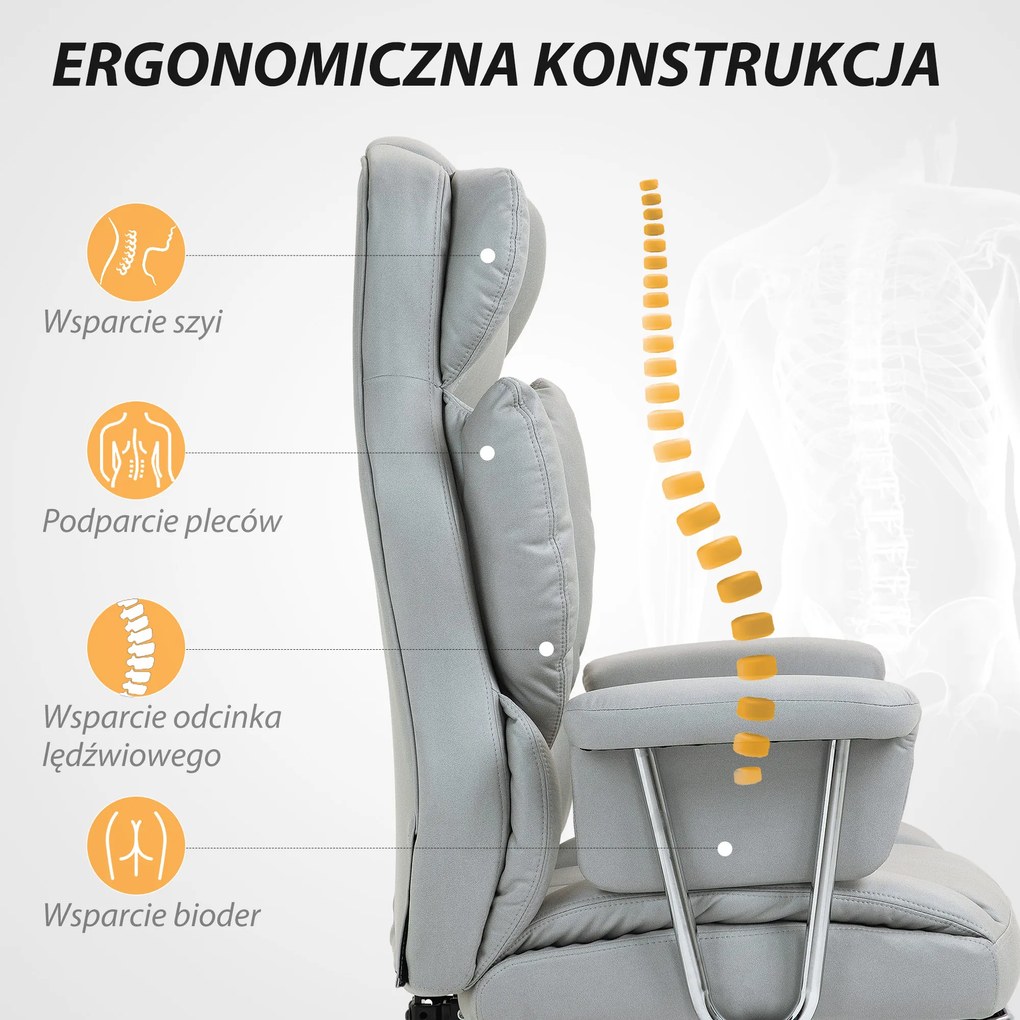 HOMCOM Ergonomiczne Krzesło Biurowe, Tapicerowane, z Podnóżkiem, Regulowana Oparcie, Obrotowe 360°, Jasnoszary