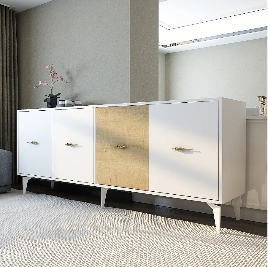 Komoda – 180 cm – Dąb biały i szafirowy – Płyta wiórowa pokryta melaminą