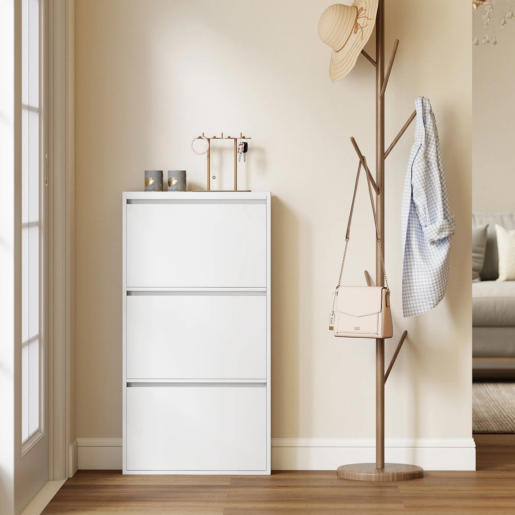 HOMCOM Metalowa szafka na buty z 3 uchylnymi półkami, wąska szafka na buty montowana na ścianie, na 6 par butów, biała | Aosom PL