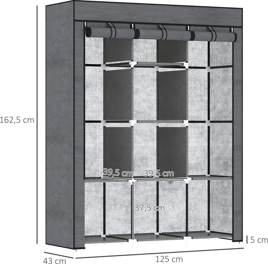 HOMCOM Szafa z Tkaniny, Rozwiązanie do Przechowywania, 8 Regałów, 2 Drążki na Ubrania, Ciemnoszary