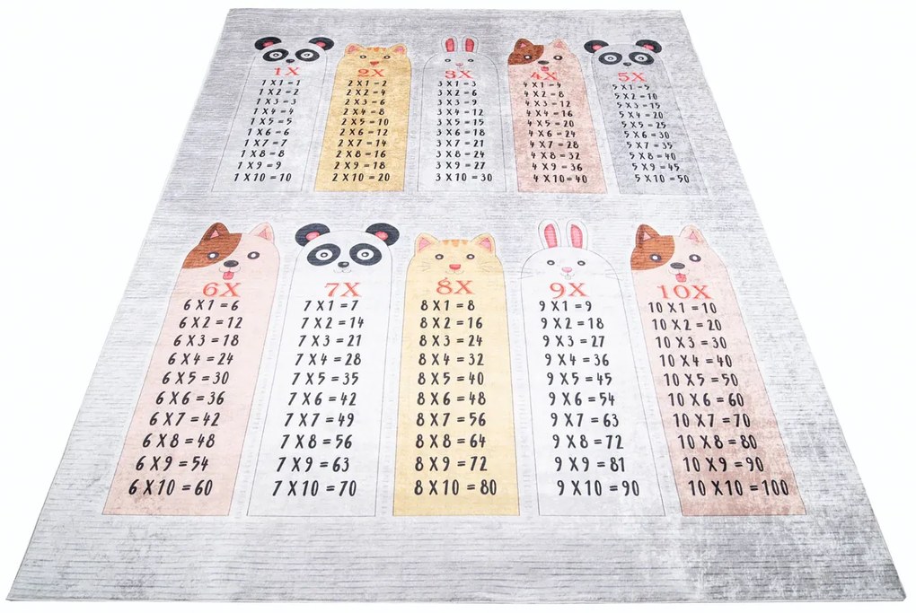 Szaro-kolorowy dywan edukacyjny z tabliczką mnożenia F5-D14