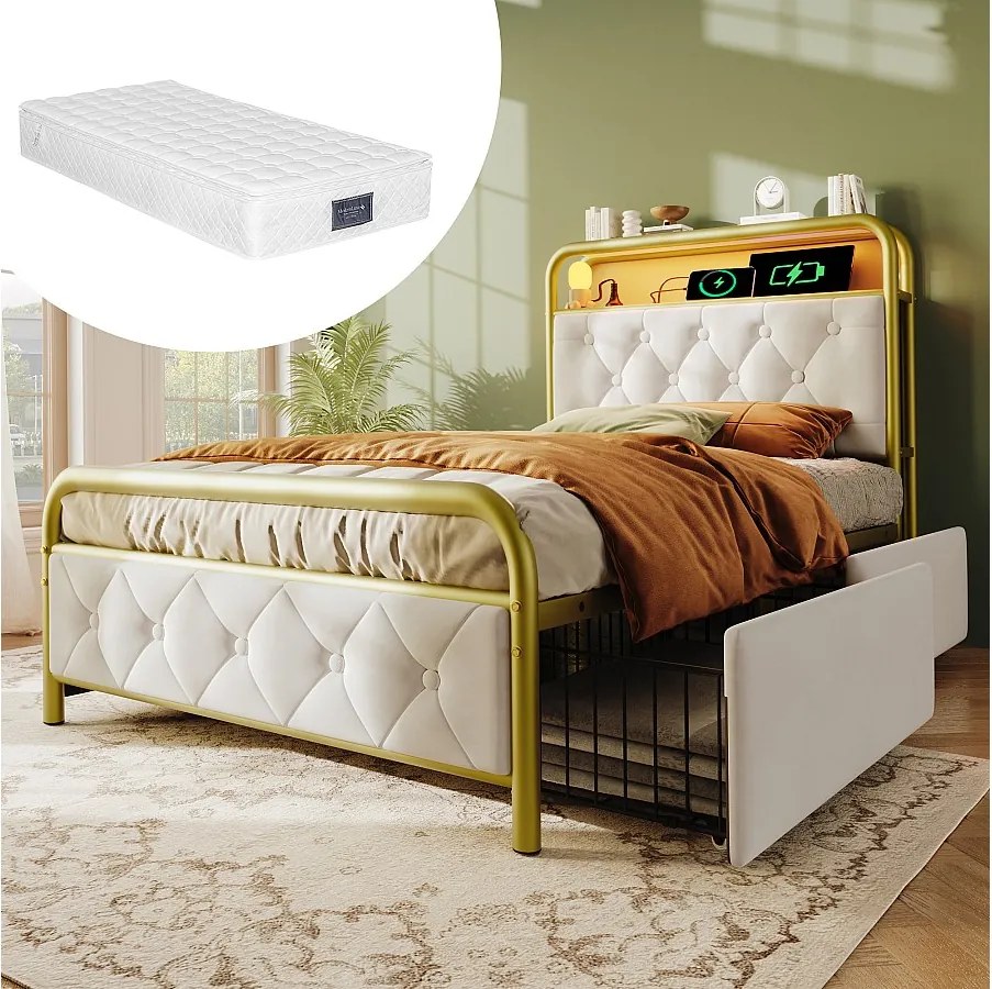 Łóżko tapicerowane ze schowkiem - 90 x 200 cm - Materac + LED-y + 2 szuflady + Zagłówek z USB - Aksamit - Biały