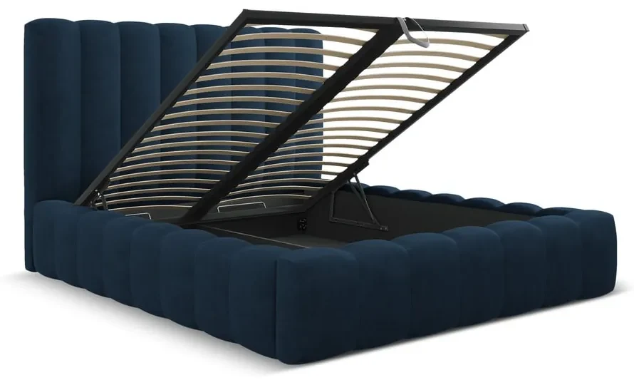 Ciemnoniebieskie tapicerowane łóżko dwuosobowe ze schowkiem i stelażem 200x200 cm Kelp – Micadoni Home