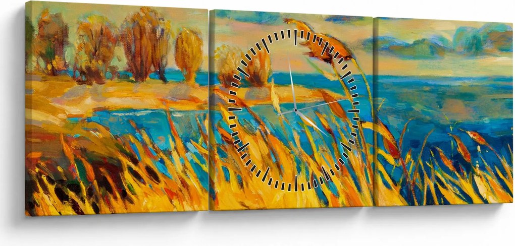 Obraz - Zachód słońca nad jeziorem, obraz akrylowy (z zegarem) (90x30 cm)