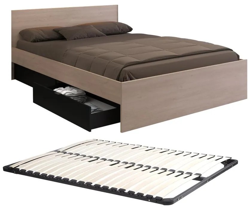 Łóżko z 2 szufladami 160 x 200 cm - Kolory: naturalny i czarny + stelaż - VELONA