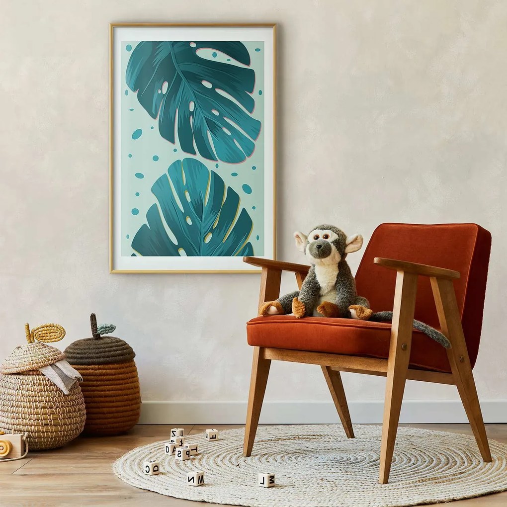 Plakat Zroszone liście 21x30 cm z ramą złotą z marginesem ARTGEIST B