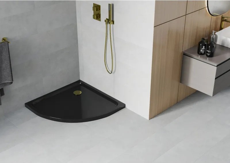 Mexen Flat brodzik półokrągły slim 100 x 100 cm, czarny, syfon złoty - 41701010G