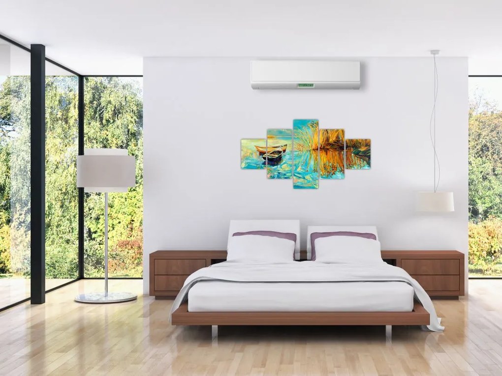 Obraz - Jezioro z łodziami (125x70 cm)