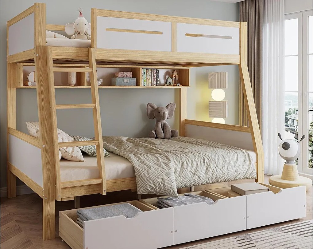Łóżko piętrowe drewniane 90×200 cm + 120×200 cm - z drabiną i 3 szufladami - biały + naturalny (bez materaca)