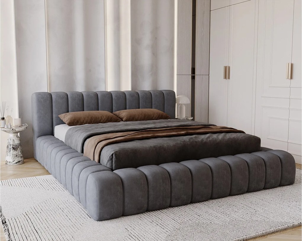 Emporius Como łóżko z pojemnikiem do sypialni - łózko tapicerowane 140x200, nowoczesny styl - duże łózko, gruba pianka - tkanina velvet, ciemny szary (Whisper 15)