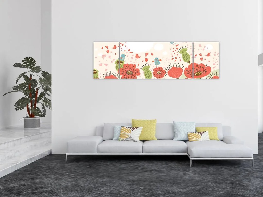 Obraz - Ptaszki na kwitnącej łące (170x50 cm)
