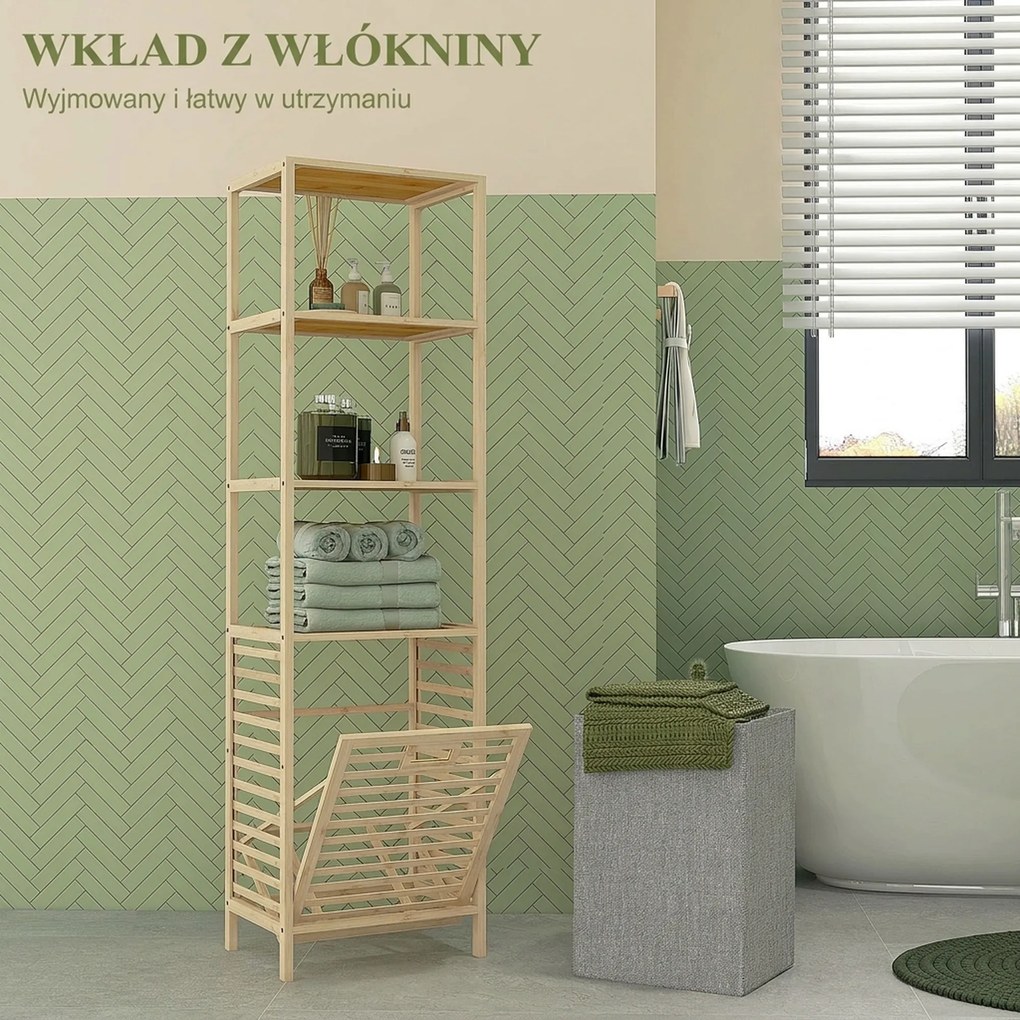 HOMCOM Regał łazienkowy z koszem na pranie, 3 półki, rama z bambusa, 44x33x160 cm, Naturalny