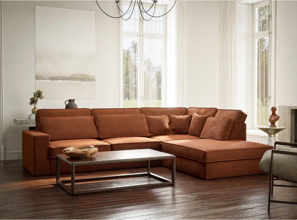 Narożnik z tkaniny szenilowej (prawostronny/w kształcie litery L) w kolorze miedzi Kirou – Maison de Rêve