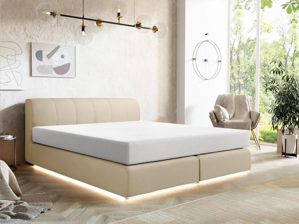Zestaw łóżko kontynentalne z zagłówkiem + stelaż z oświetleniem LED + materac - 160 x 200 cm - Tkanina - Beżowy - OTARU marki YSMÉE