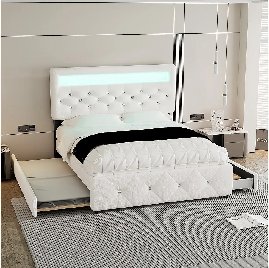 Łóżko tapicerowane dwuosobowe z pojemnikiem - 140 x 200 cm - z wysuwaną sofą i 2 szufladami - podświetlana szafka nocna - Pościel - kolor biały