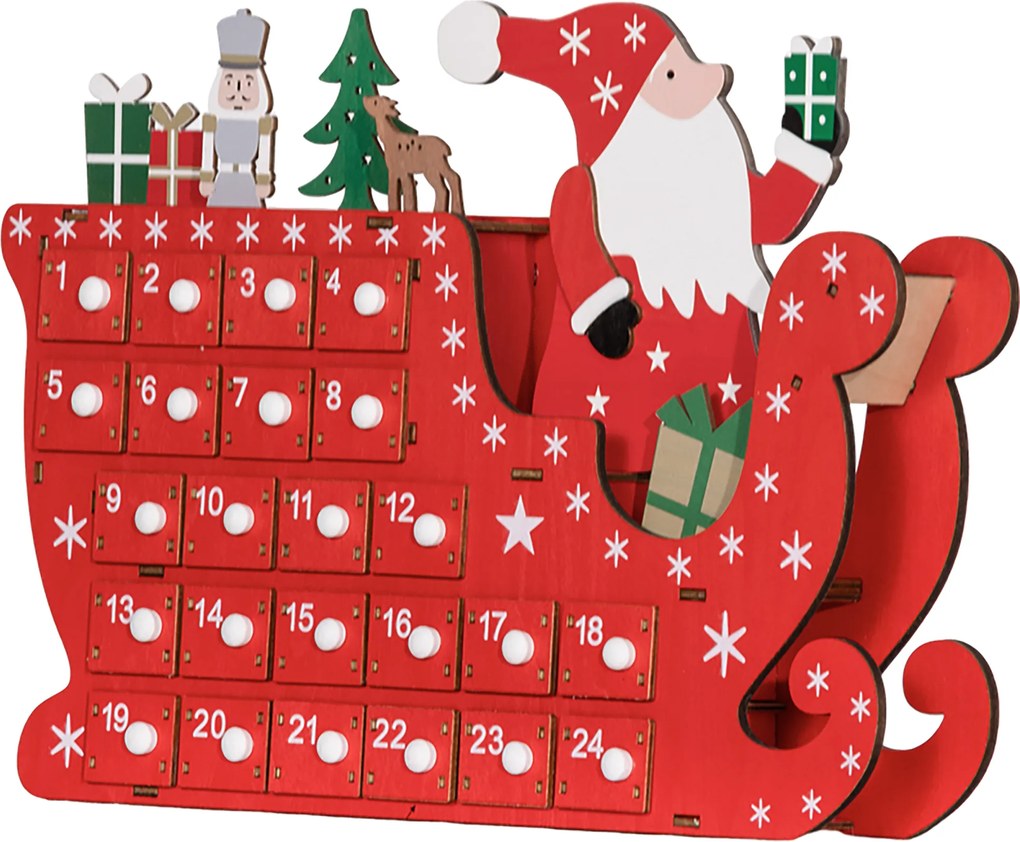 HOMCOM Kalendarz adwentowy Święty Mikołaj na saniach, 24 przegródki, wielokrotnego użytku, 22,5x8x36 cm, Czerwony