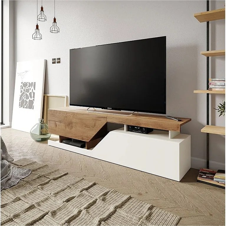 Mebel TV "Ceelias" Biały/Ciemnobrązowy z Przestronnym Schowkiem i Systemem Otwierania Push to Open - 160 x 35 x 46 cm