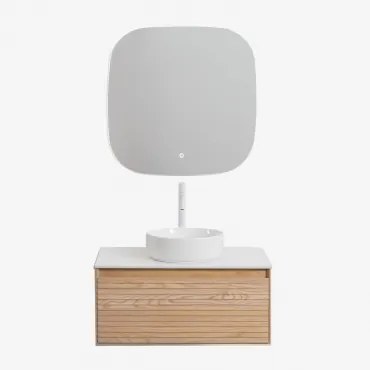 Zestaw Wiszących Mebli Łazienkowych Z Drewna Jesionowego Tedrik Popielaty Brąz & Okrągły Ceramiczny Biały Ø40 - Sklum