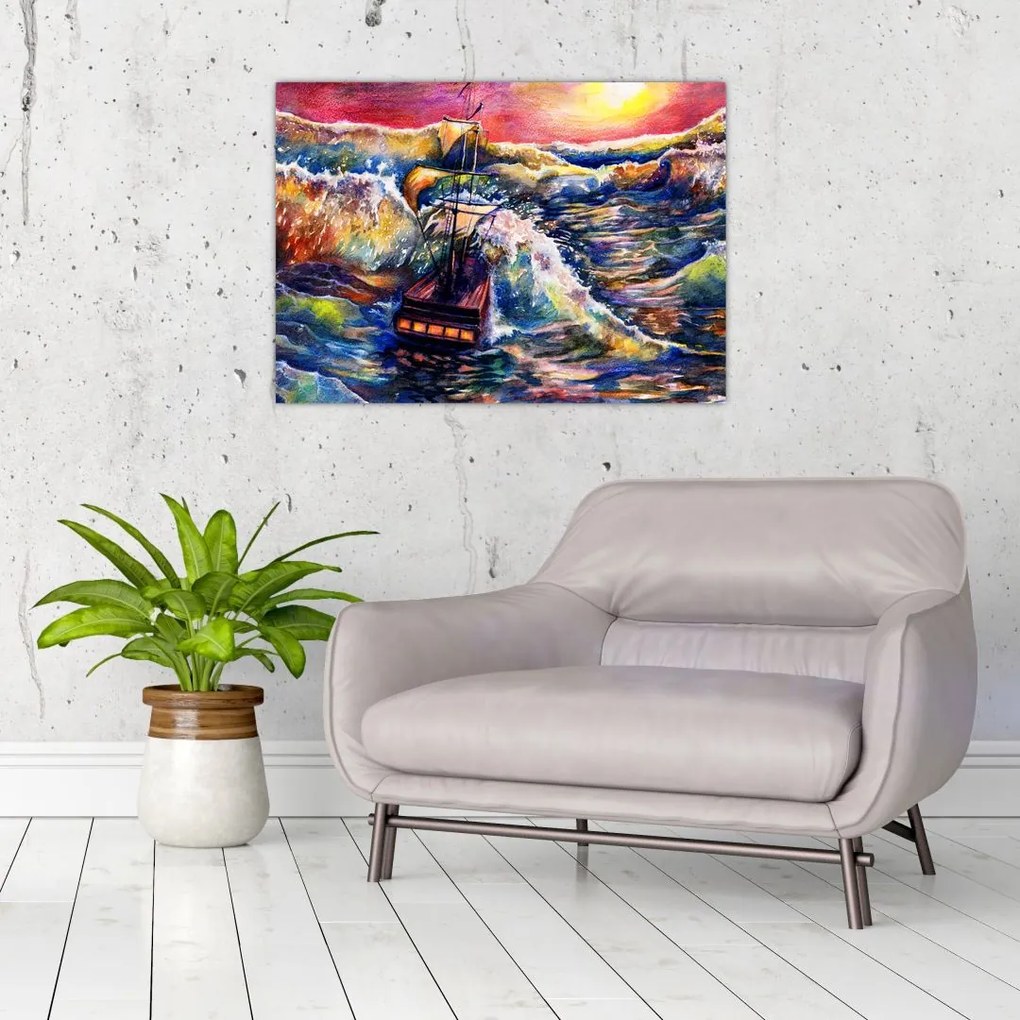 Obraz - Statek na falach oceanu, akwarela (70x50 cm)
