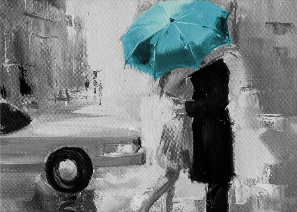 Obraz na szkle - Zakochana para z parasolem, niebieski (70x50 cm)