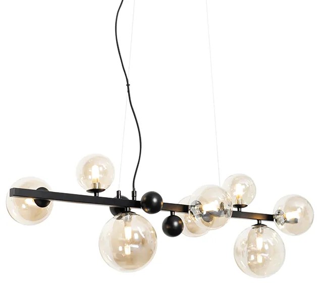 Lampa wisząca w stylu art deco czarna z bursztynowym szkłem 8-świateł - David ArtDeco Oswietlenie wewnetrzne