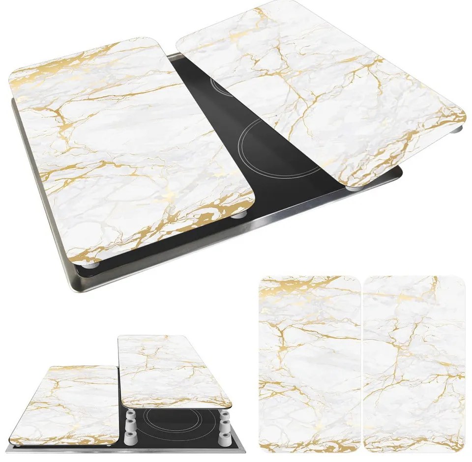Zestaw 2 szklanych płyt ochronnych na kuchenkę w biało-złotym kolorze Wenko Marble, 52x30 cm