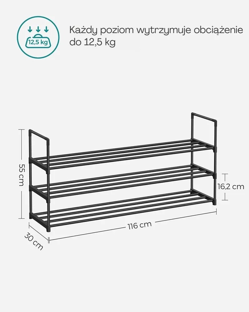 Regał na buty TORINO, 3 półki, 30x116x55cm, czarny SongmicsHome