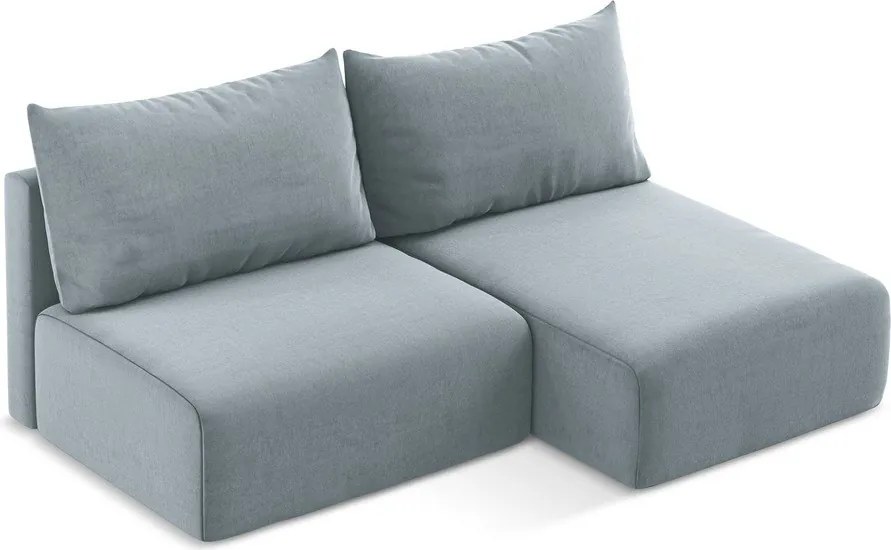 Niebieski aksamitny rozkładany narożnik ze schowkiem (prawostronny/z szezlongiem) Kalena – Makamii