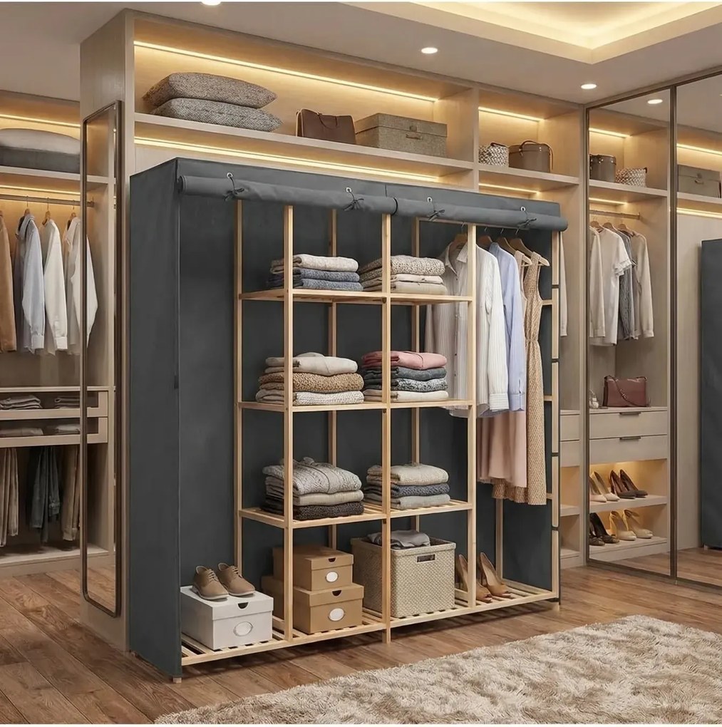 Grafitowa duża szafa tekstylna z półkami i drążkiem C6-G22