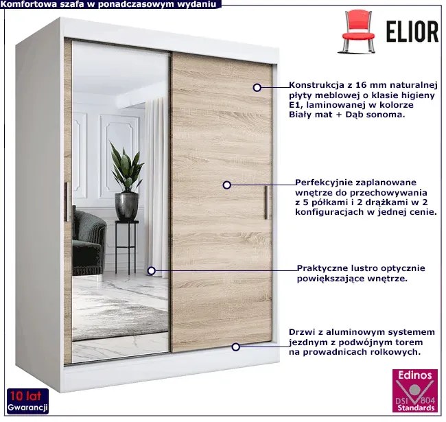 Szafa 150x200 przesuwna z lustrem Seko 4X - dąb sonoma