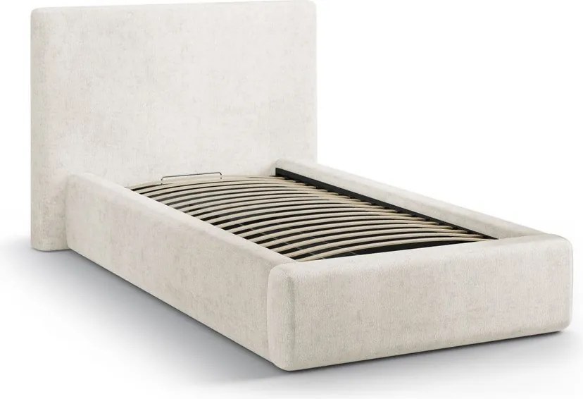 Kremowe tapicerowane łóżko jednoosobowe ze schowkiem i stelażem 90x200 cm Amy – Micadoni