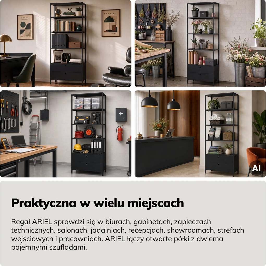 Regał z szufladami do biura, na segregatory i dokumenty, otwarte półki, metalowy, czarny, 800x2200x400 mm: ARIEL