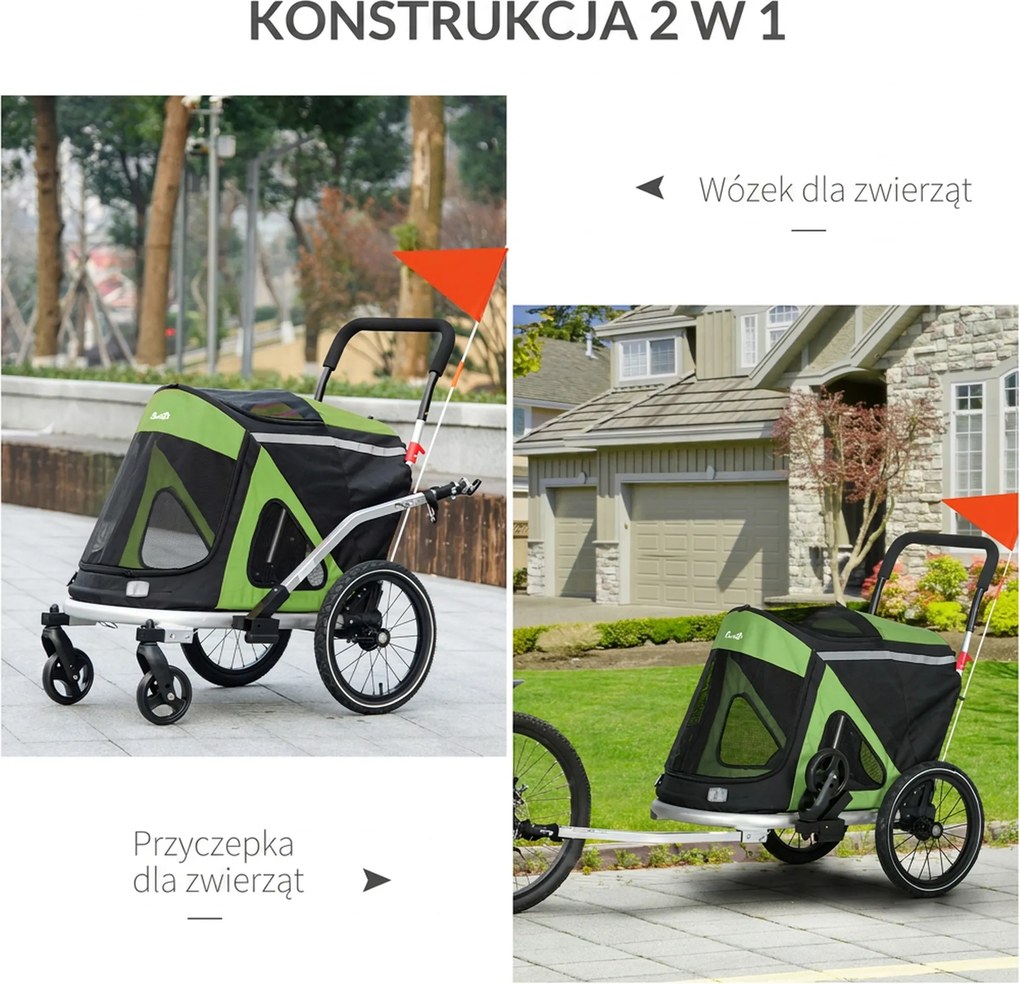 PawHut 2 w 1 Wózek dla Psa Wózek do Biegania z Psem Przyczepa Rowerowa, 2 Elementy Odblaskowe, 1 Linka Bezpieczeństwa, 150 x 68 x 95 cm, Zielony