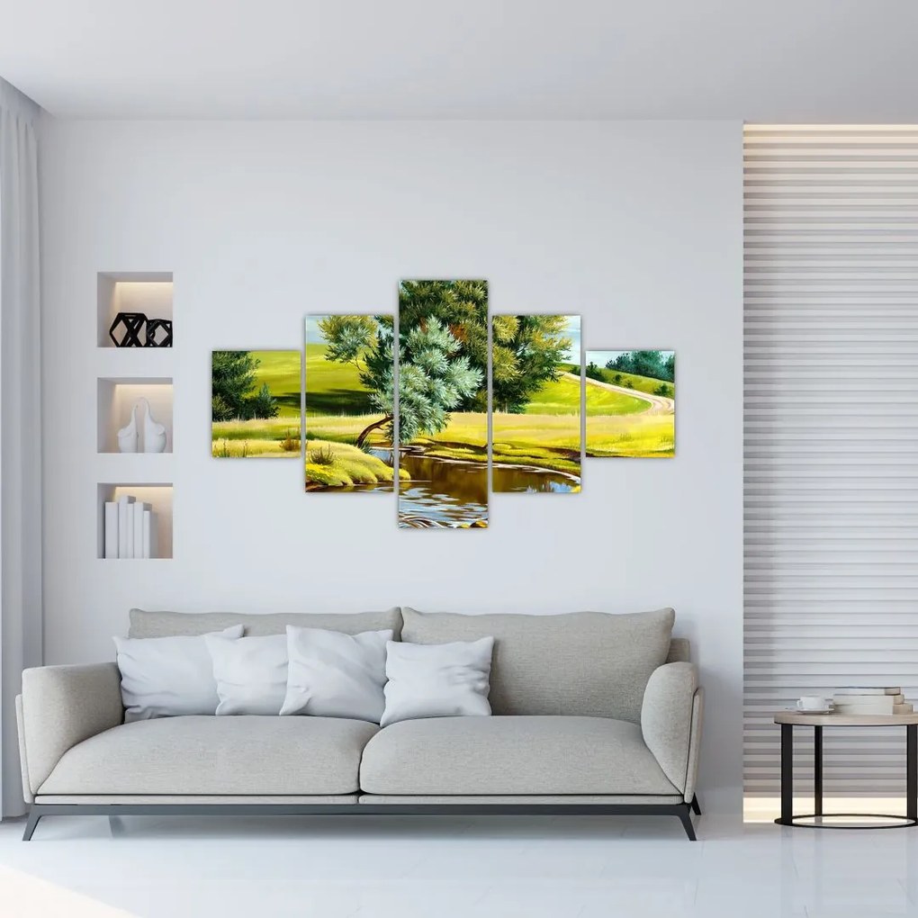 Obraz - rzeka między łąkami, obraz olejny (125x70 cm)