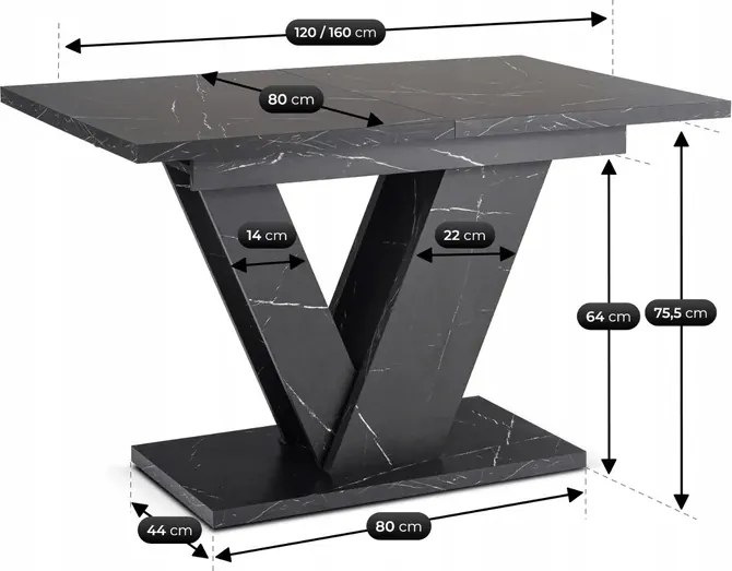 Stół Prostokątny Rozkładany CLARK 120-160 cm Czarny Marmur Glamour