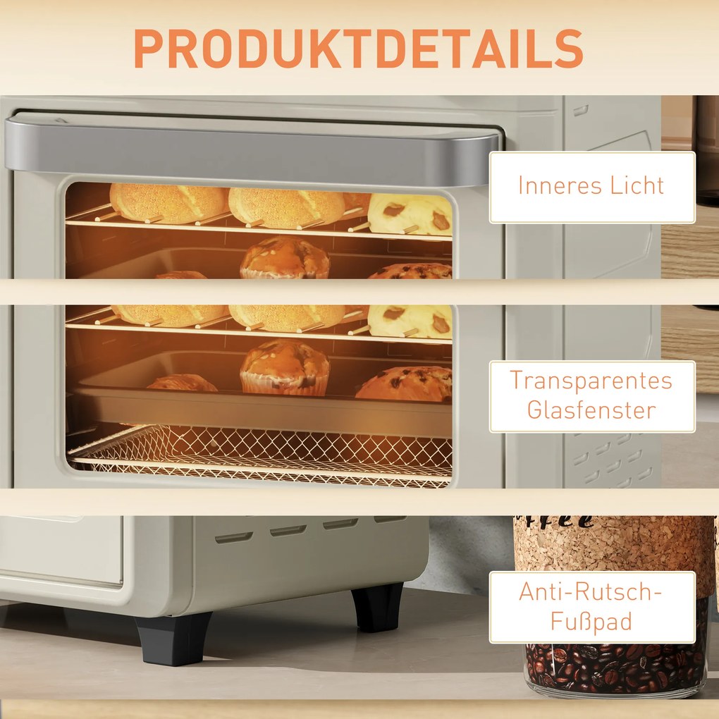 HOMCOM 10L Piekarnik Hot-Air do grilla, pieczenia i smażenia, Timer, Ekran dotykowy, 1000W, Nadaje się do zmywarki, Kremowobiały