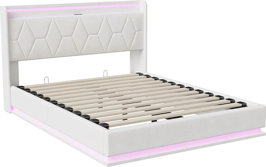 Łóżko podwójne 140x200 cm białe z hydraulicznym schowkiem, regulowanymi LED i interfejsem USB, tapicerowane, rama metalowa i drewniana, bez materaca