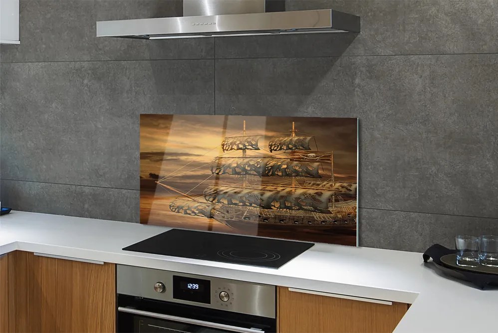 Szkło do Kuchni na Ścianę Statek na tle Morskich Chmur