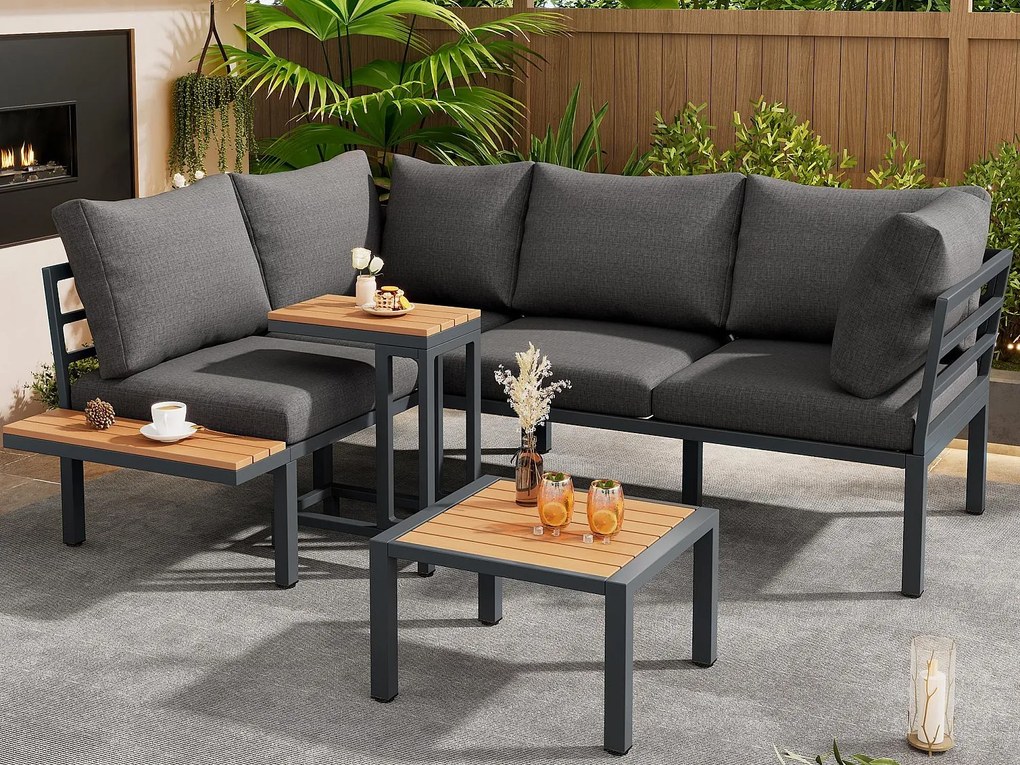 Zestaw mebli ogrodowych - 4 miejsca - ze stali ocynkowanej - narożna sofa - 1 stolik pomocniczy - 1 stołek - blat z drewna plastikowego - Szary