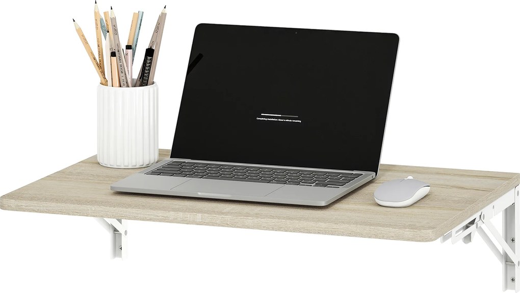 HOMCOM Składane biurko ścienne, 60x40 cm, oszczędzające miejsce wiszące biurko z zaokrąglonymi narożnikami, do home office, salonu, sypialni, kuchni, dąb