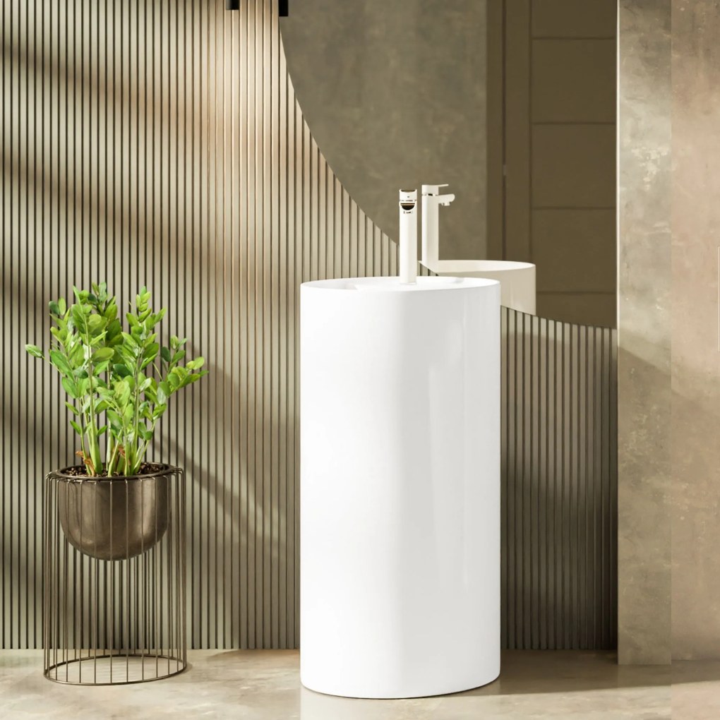 Umywalka z konglomeratu wolnostojąca okrągła biała błyszcząca 87 x 44 cm KALMI WHITE GLOW z otworem na baterię : Podłączenie syfonu - Do ściany