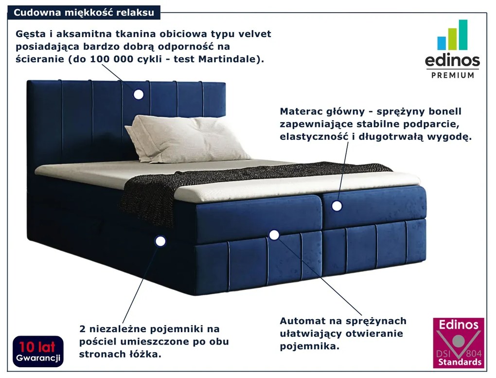 Granatowe łóżko kontynentalne z pojemnikiem 5 rozmiarów N0-R54