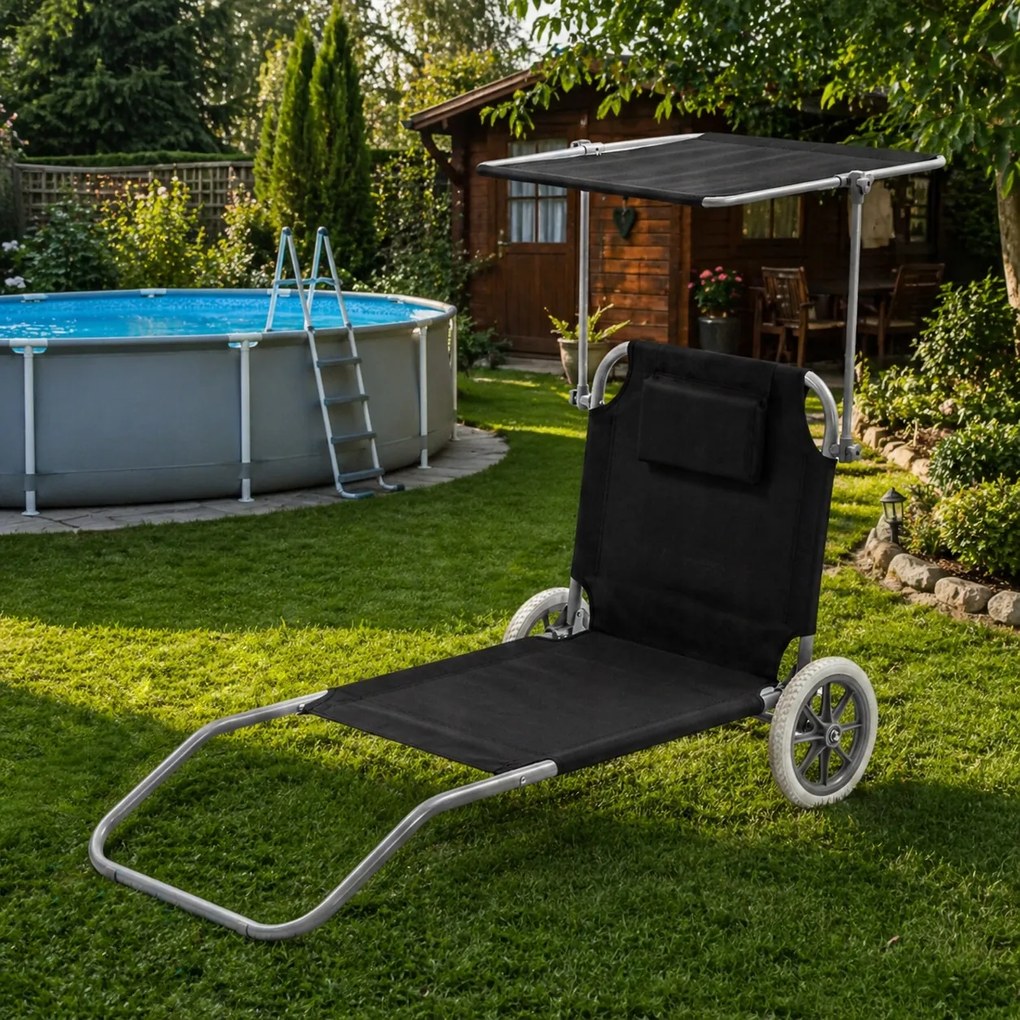 Leżak plażowy Solmare z daszkiem i kołami - składany leżak ogrodowy, czarny