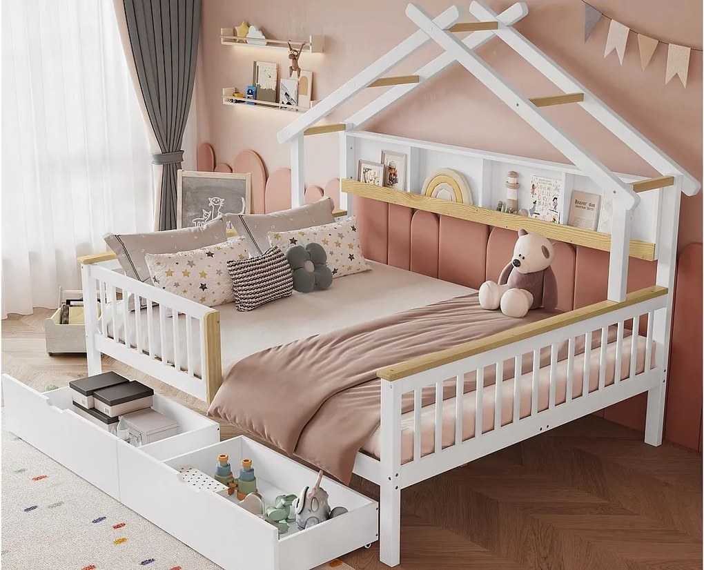 Łóżko dziecięce 140×200 cm - z 2 szufladami - w kształcie dachu - z schowkiem - MDF + Drewno lite - białe
