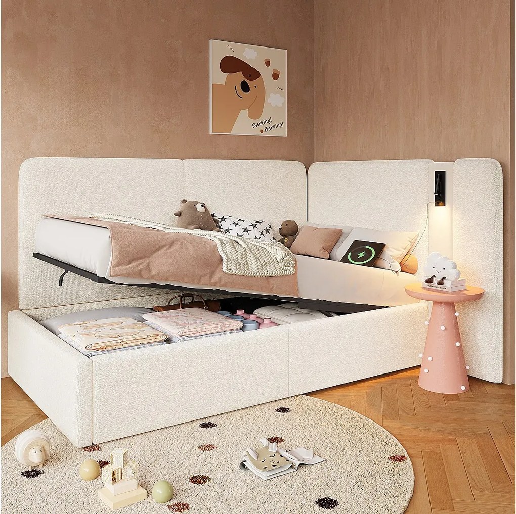 Tapicerowane łóżko dzienne dla dzieci - 90 x 200 cm - z hydraulicznym schowkiem + portem USB + lampką do czytania - tkanina pętelkowa - beż