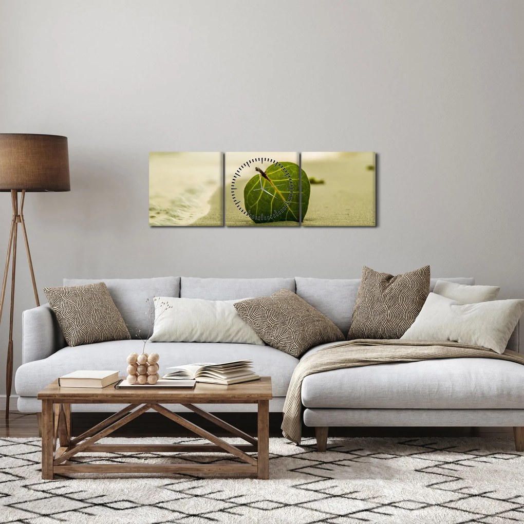 Obraz liścia w piasku (z zegarem) (90x30 cm)