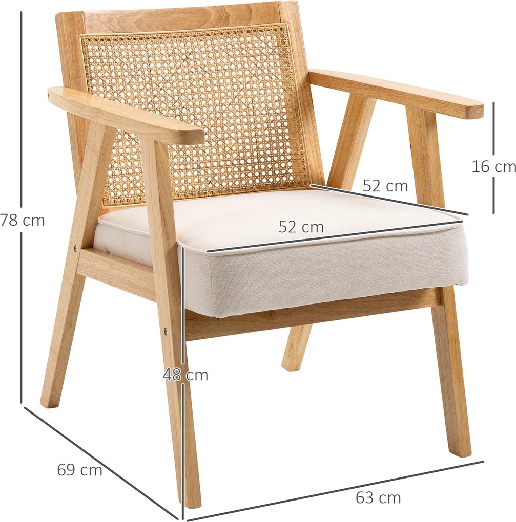 HOMCOM Egzotyczny Fotel Tapicerowany, Drewno Kauczukowe, Poduszka o Wyglądzie Lnu, 63D x 69S x 78W cm, Kremowy